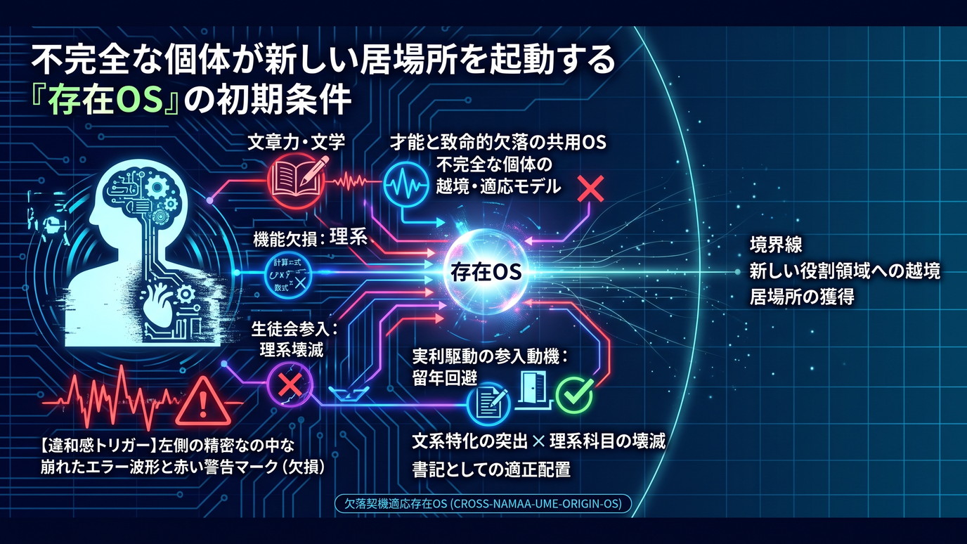 1958W｜【生徒会にも穴はある！】理系壊滅の梅が留年回避のために生徒会に入る初期条件──文系特化の才能と欠落が新しい居場所を立ち上げる「存在OS」の初期パラメータ。