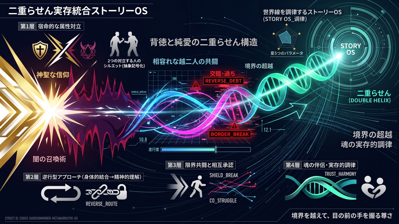 2026W｜【ダークサモナー】相容れない属性の2人が共闘と愛憎を通じて結ばれる構図──背徳感と純愛が表裏一体で展開する「ストーリー構造OS」の緻密な設計。
